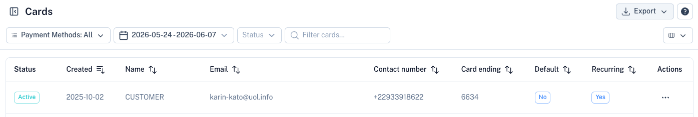 Stored Cards List